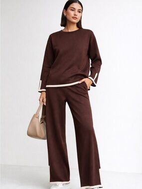 Chic Knit Lounge Set Brown Wide Leg Pants & Long Sleeve Top size M NWT